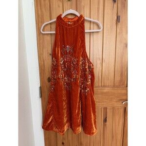 Free People Jill's Sequin Swing Velvet Halter Mini Dress Orange Medium